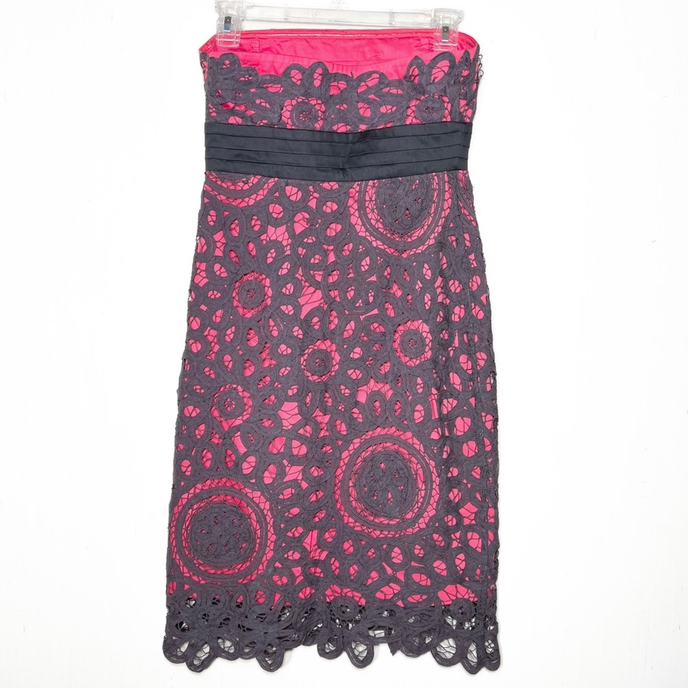 Anthropologie Floral Crochet Lace Pink Gray Strapless Pencil Dress - Picture 6 of 10